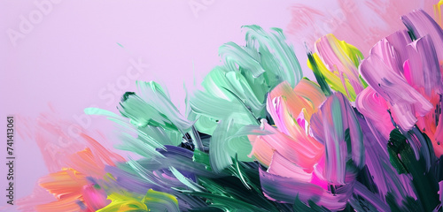 Abstract expressionist brush strokes in a riot of spring greens and pinks against a dusky purple canvas