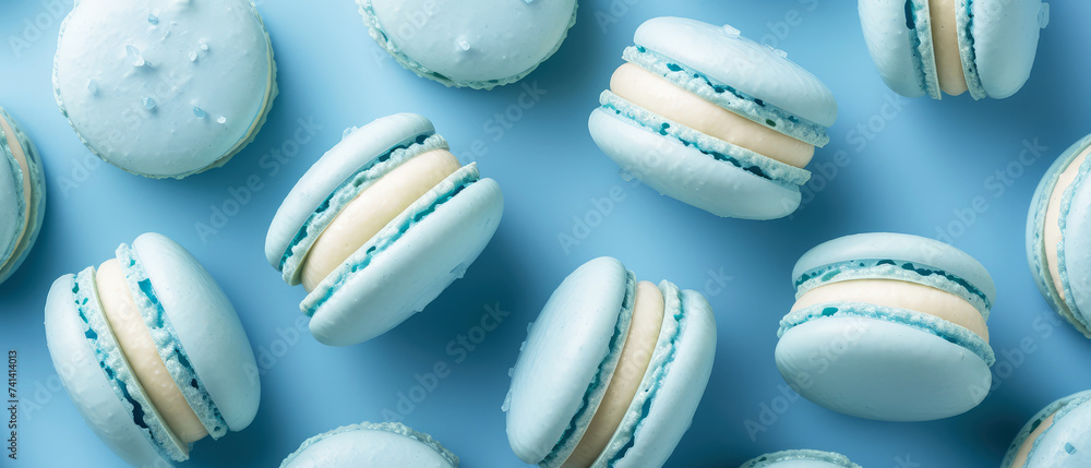 Set of blue macarons with decorations on blue background. Layout. Pastry food mockup.Flat lay. Minimal. Generative ai Set of blue macarons with decorations on blue background. Layout. Pastry food mockup.Flat lay. Minimal. Generative ai