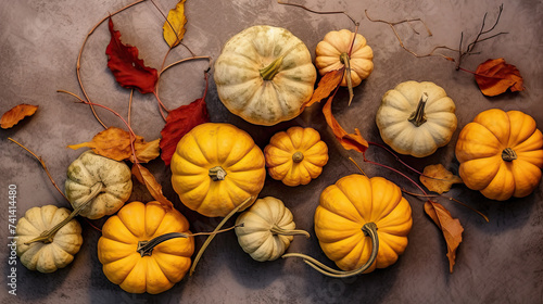 A group of pumpkins with dried autumn leaves and twig, on a metal surface