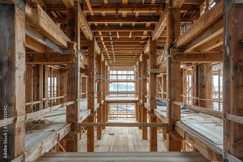 Interior of Building Under Construction with Wood Framing and Wooden Beams at Construction Site Interior of Building Under Construction with Wood Framing and Wooden Beams at Construction Site
