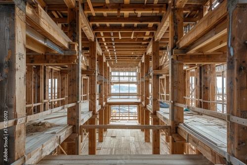 Interior of Building Under Construction with Wood Framing and Wooden Beams at Construction Site