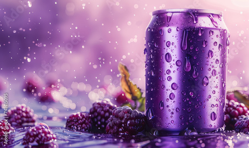 chilled purple soda can with water droplets among fresh blackberries on a violet backdrop photo