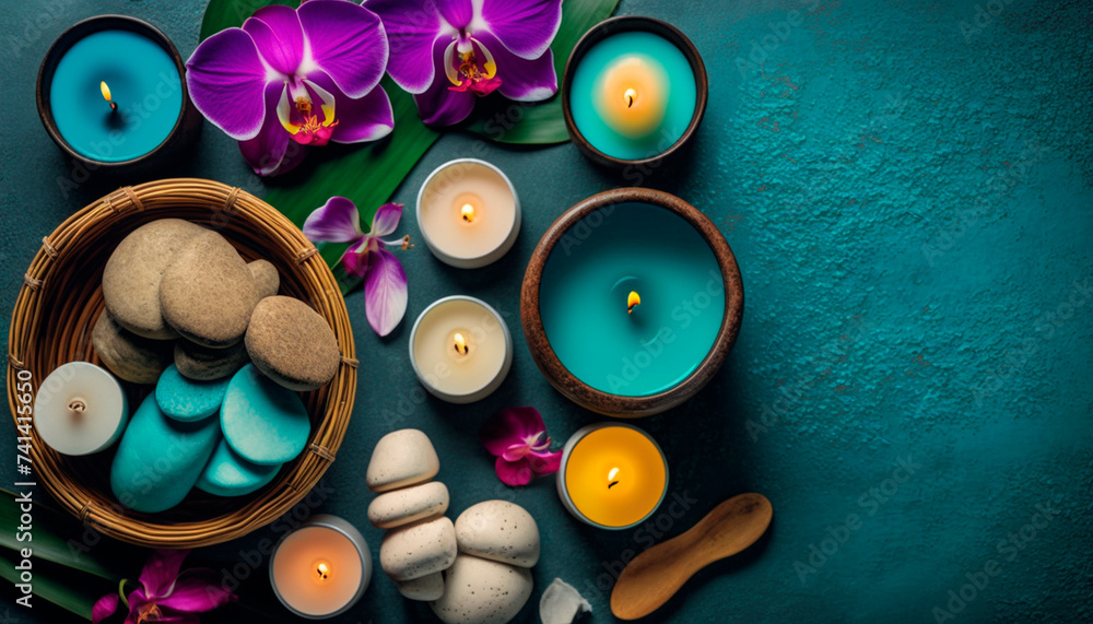 Φωτογραφία skin care spa set, decoration, candle and towels, oil bottle and green leaves and blossoms