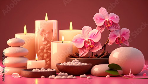 skin care spa set  decoration  candle and towels  oil bottle and green leaves and blossoms. Generative AI 