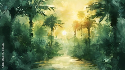 Watercolor oasis with palms welcoming Ramadan kareem