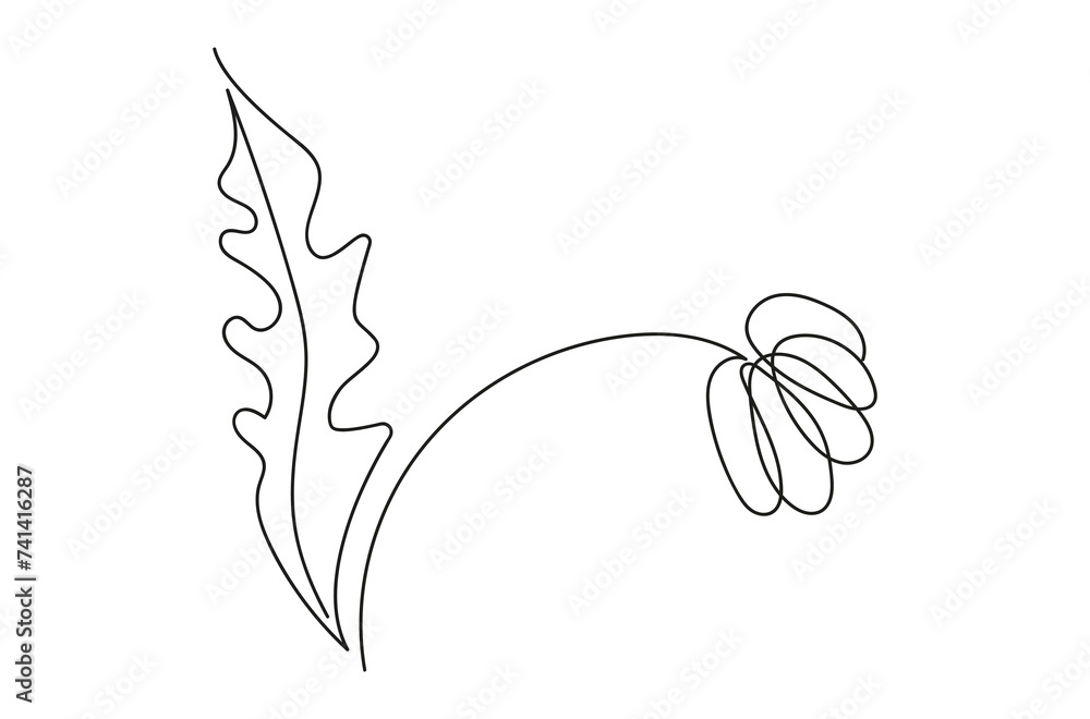 Naklejka premium Continuous one line drawing of a flower with leaves. Line art. Concept of nature, ecology, organic shapes. White backdrop. Design element for print, postcard, scrapbooking, coloring book
