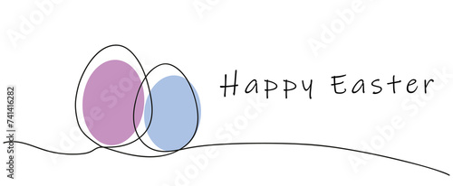 Line drawing of colorful Easter eggs with greeting Happy Easter. Continuous one line drawing. Isolated on white backdrop. Perfect for print, greeting, postcard