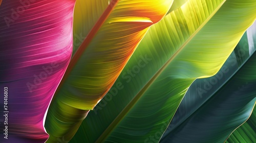 Jungle Jewels: Extreme close-up captures the jewel-toned hues of banana leaves in dappled sunlight.