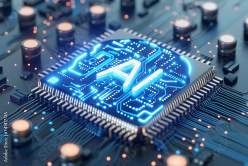 AI Brain Chip axon pathfinding. Artificial Intelligence microprocessors mind inferior colliculus axon. Semiconductor brain potential circuit board collaboration photo