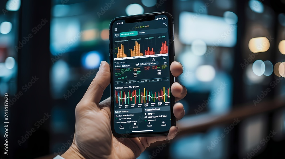 A close-up of hands holding a smartphone with a stock trading app, featuring real-time market updates against a backdrop of financial newspapers.