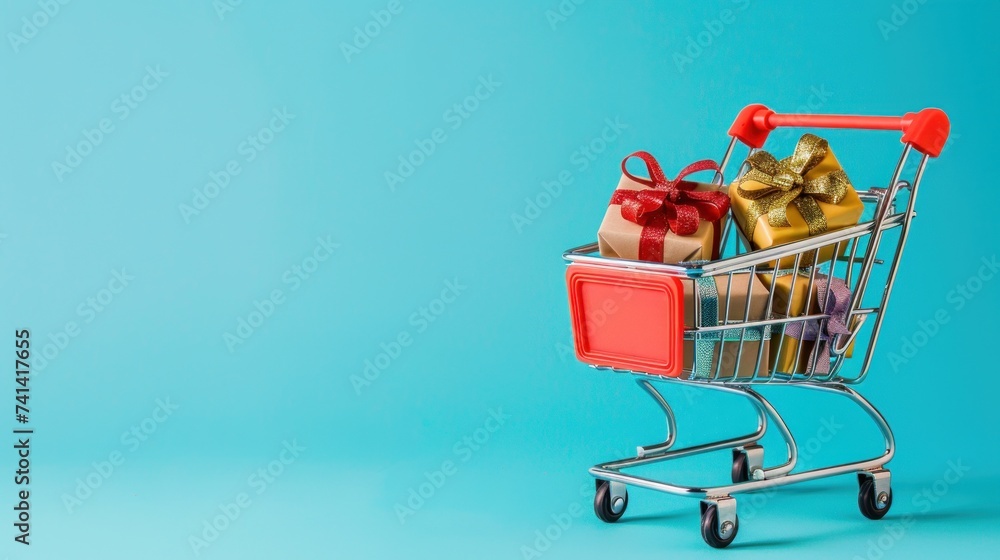 shopping chart with gift box on blue background for copy space