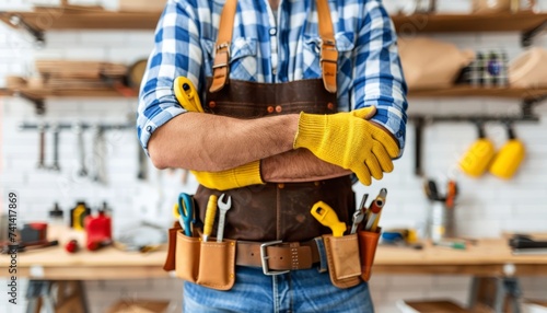 Close up of maintenance worker carrying a bag and wearing a tool kit on the waist during work. © Ilja