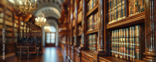 Classic Library Interior with many Vintage Books. Close-up  of elegant library featuring shelves of old leather-bound books  rich textures.