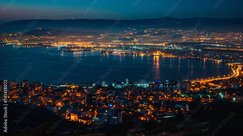 View of Izmir Bay in the evening from the high hill.