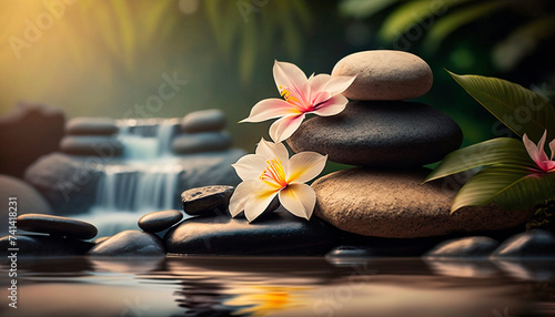Zen stones and bamboo on the water lined with spa pebbles and plumeria flowers. Generative AI, © Яна Ерік Татевосян