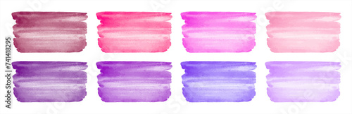 Colorful pink, purple watercolor vector brush strokes, smears set. Banners collection, rectangle shape. Painted rose, lilac, violet watercolour stains textures. Aquarelle templates, text backgrounds.