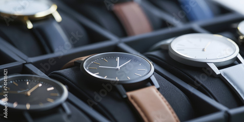 Elegant black Minimalist Watches in Display Case. Close-up of luxury minimal style wristwatches with leather straps showcased in a jewelry organizer.