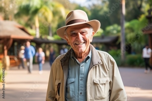 Elderly man in hat and jacket smiling at camera in park