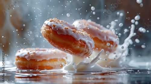 Floating donuts with a splash of milk photo