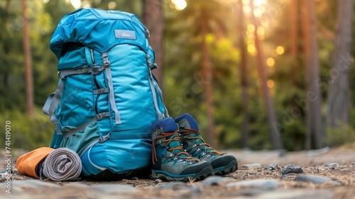 Adventure travel concept hiking bag and shoes on mountain trail with copy space for text placement