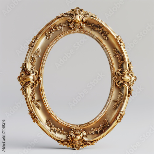 An ornate golden oval frame with intricate floral and scroll designs, showcasing classic elegance on a neutral background.