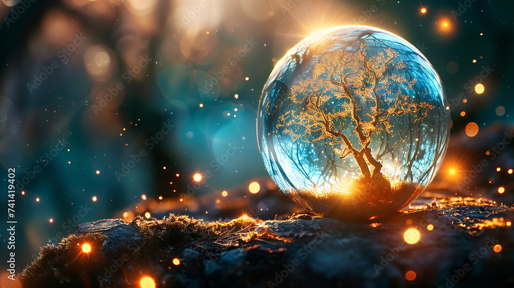 A tree encased in a glowing globe stands on a rocky surface, surrounded by a mystical starry atmosphere A tree encased in a glowing globe stands on a rocky surface, surrounded by a mystical starry atmosphere