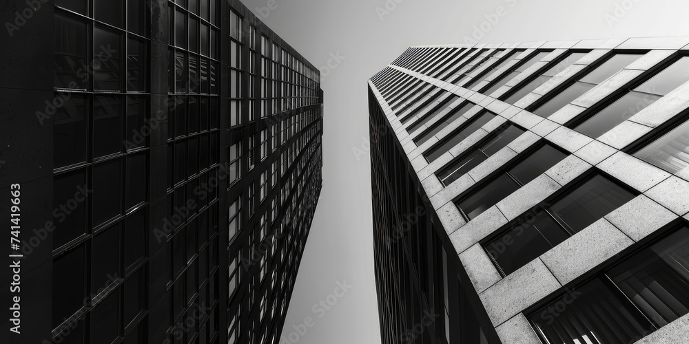 Fototapeta premium Modern Architectural Detail of Skyscraper Facade. Close-up of a contemporary building's geometric with copy space, building background, copy space.
