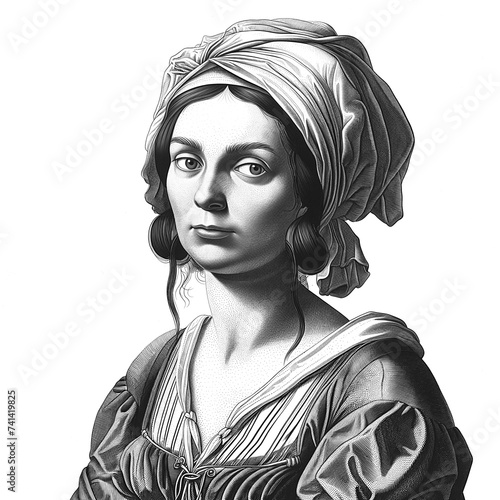 Black and white vintage engraving, close-up headshot portrait of Artemisia Gentileschi (or Lomi), the famous historical Italian Baroque painter, wearing a hat, white background, greyscale photo