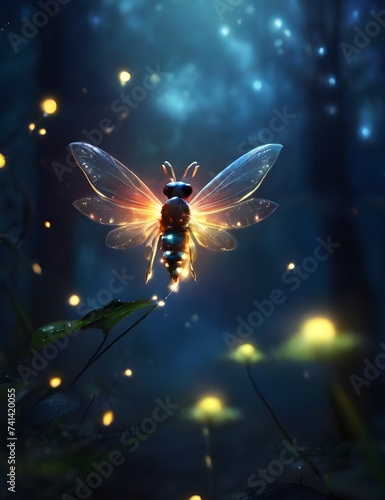 Abstract and magical image of Firefly flying in the night forest. Fairy tale concept. Generative AI © Jaon