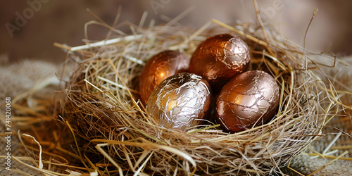 Easter golden eggs in the nest preparation for the holiday Golden eggs from hay close-up in nest on dark vintage background.