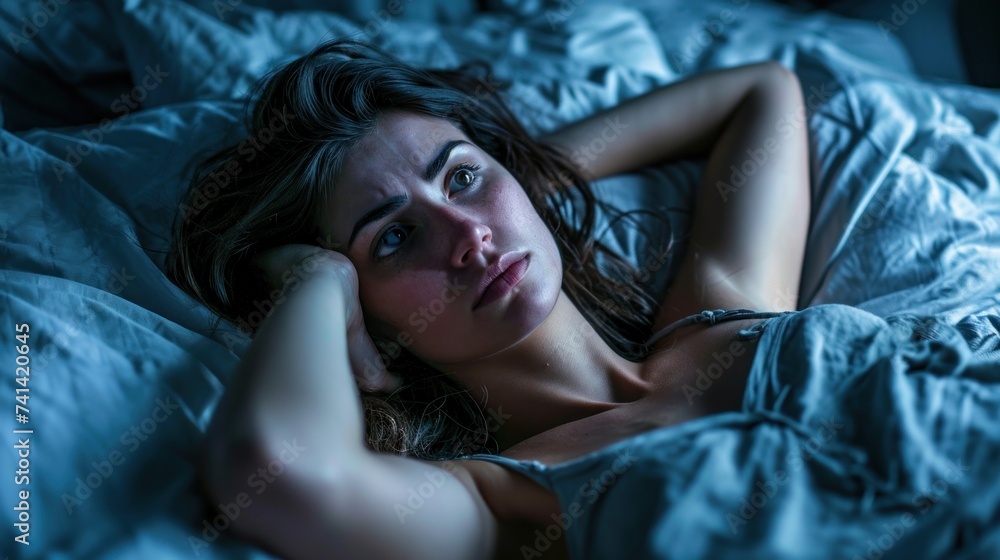 woman in bed late trying to sleep suffering insomnia, sleepless or scared in a nightmare, looking sad worried and stressed. Tired and headache or migraine waking up in the middle of the night. woman in bed late trying to sleep suffering insomnia, sleepless or scared in a nightmare, looking sad worried and stressed. Tired and headache or migraine waking up in the middle of the night.