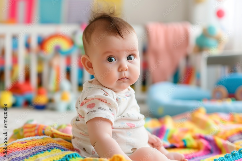 baby sitting with a naughty face on color background