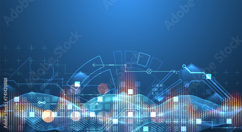 Abstract technology background for your design. The wave is made in a wireframe style with various technological elements. Vector.
