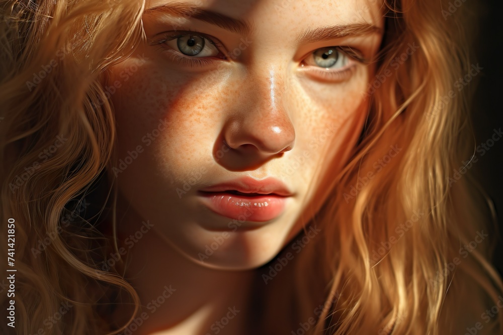 Serene Portrait of a Woman with Wavy Red Hair in Natural Light Serene Portrait of a Woman with Wavy Red Hair in Natural Light