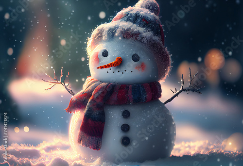 Snowman in the winter on the street. Generative AI, photo