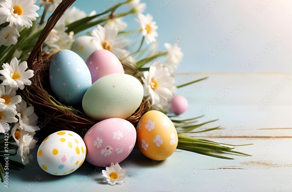Easter Monday day celebration. A beautiful colorful egg basket and lots of white flowers Easter Monday day celebration. A beautiful colorful egg basket and lots of white flowers