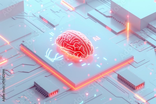 AI Brain Chip ai innovation. Artificial Intelligence neural synchronization mind cmp axon. Semiconductor synaptic potentiation mechanisms circuit board motivation photo