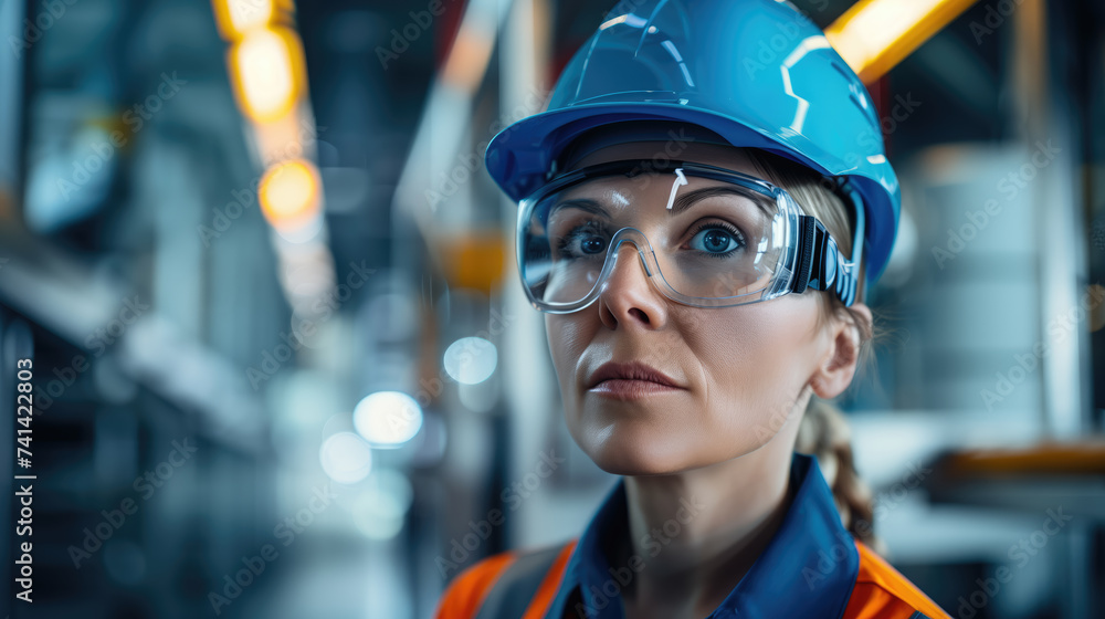 A focused female engineer in a blue hard hat and safety goggles surveys an industrial workspace, embodying professionalism and determination. A focused female engineer in a blue hard hat and safety goggles surveys an industrial workspace, embodying professionalism and determination.