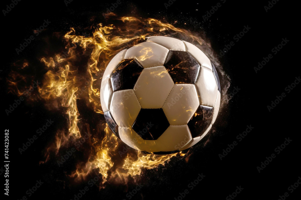 Fototapeta premium Soccer ball flies in the air from a kick, traces of trajectory, Dark background isolate.