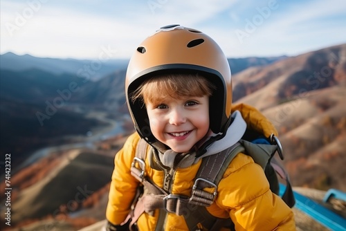 little boy with helmet and backpack on the background of the Grand Canyon