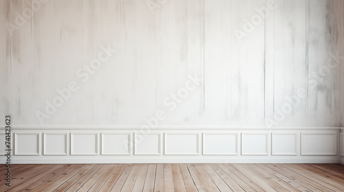 A pristine, empty room with classic white wall paneling and a light herringbone wood floor, evoking a bright and elegant space.