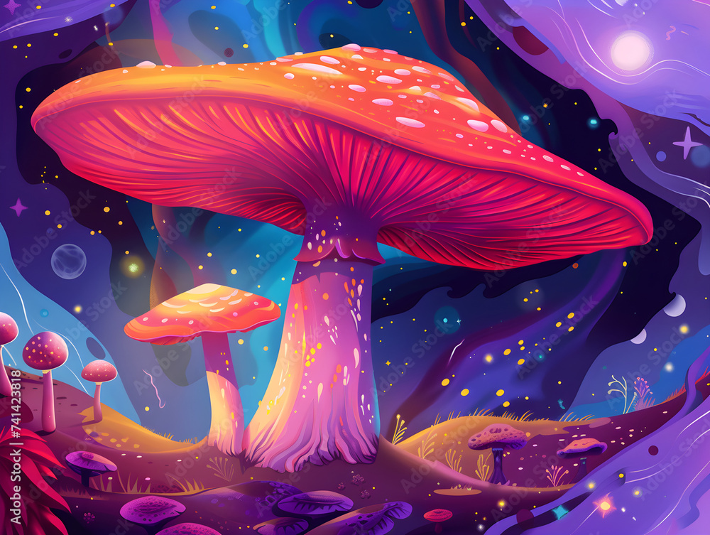 Enchanted Psychedelic Forest with Glowing Mushrooms at Night - Majestic ...