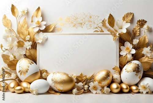 Springtime Easter card template with golden and white flowers. golden leaf and luxury golden decorated Easter eggs, with copy space for texts