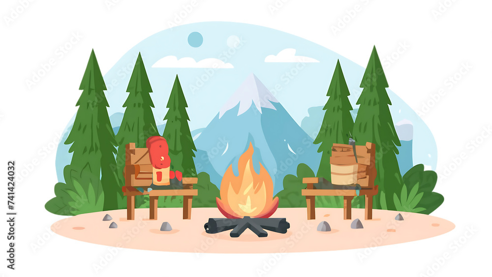 An illustration of a campfire and two chairs in front of a mountain