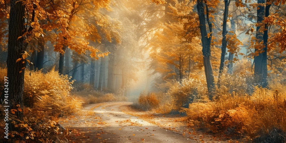 Winding through heart of lush forest serene pathway invites travelers into magic of springtime woodland vivid greens of new leaves blend harmoniously with last golden remnants of autumn Winding through heart of lush forest serene pathway invites travelers into magic of springtime woodland vivid greens of new leaves blend harmoniously with last golden remnants of autumn