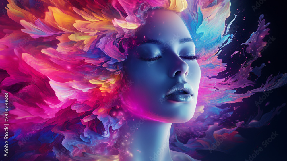 Beautiful female face with colorful paint splashes. 3d rendering generativa IA