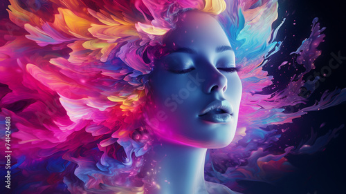 Beautiful female face with colorful paint splashes. 3d rendering generativa IA © Victor