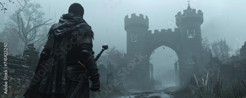 Guarding stoically sentinel wolf castle gate dawn halberd medieval stone grey Feudal fog duo AI security system