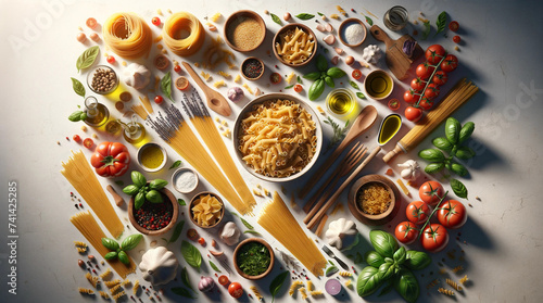Composition with pasta and cooking ingredients on white background, top view	