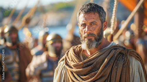 Weathered man as biblical Apostle Paul aboard a Roman ship, bound for Rome, surrounded by soldiers. photo